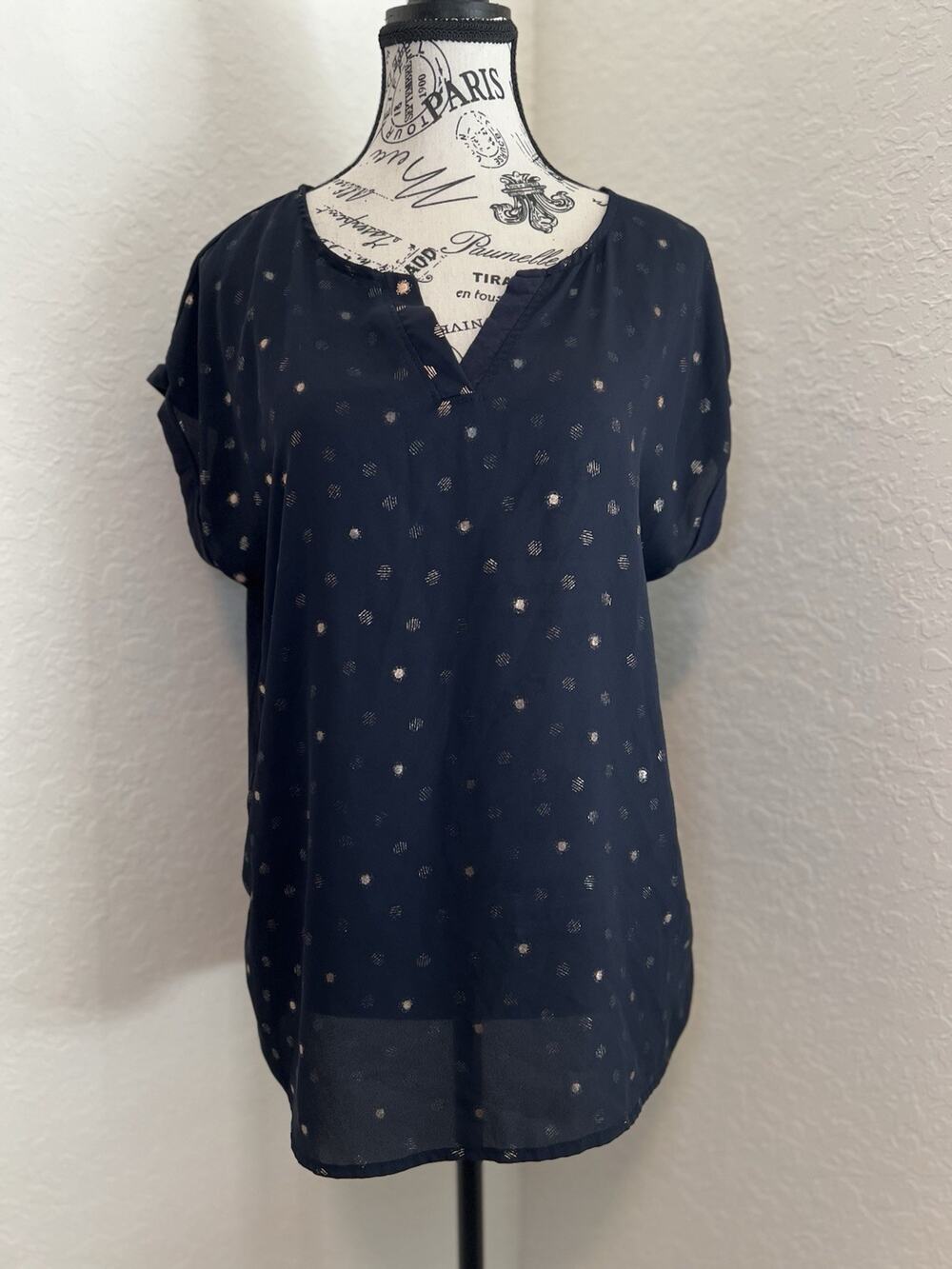 Papermoon Women’s Navy Blouse Short Sleeve Top Size Large Casual Office Career